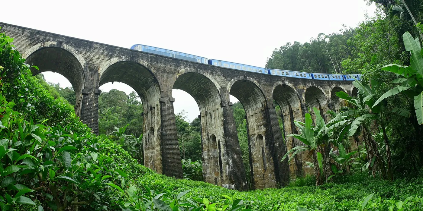 The captivating Nine Arches Bridge in Ella represents the architectural marvel and scenic beauty of Sri Lanka.